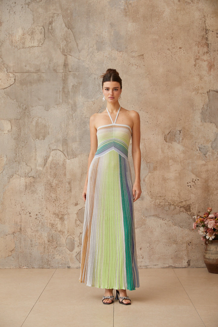 Ulysse Green Metallic Knit Halterneck Maxi Dress