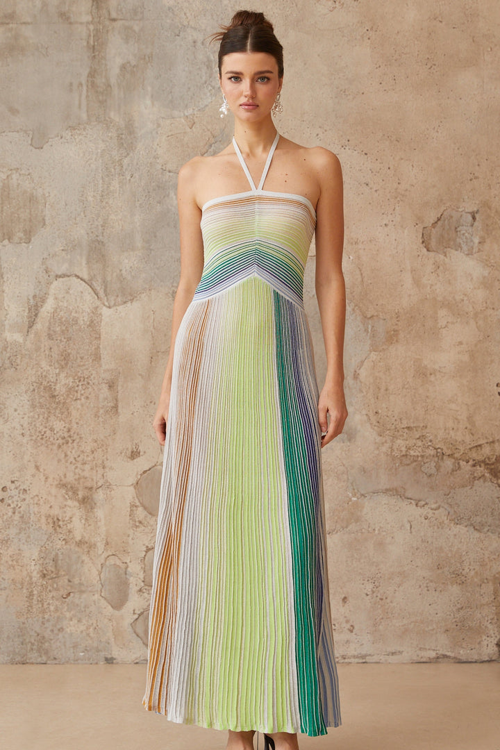 Ulysse Green Metallic Knit Halterneck Maxi Dress