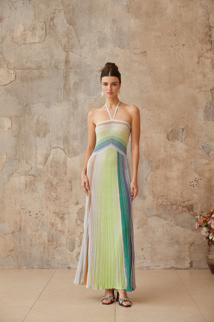 Ulysse Green Metallic Knit Halterneck Maxi Dress