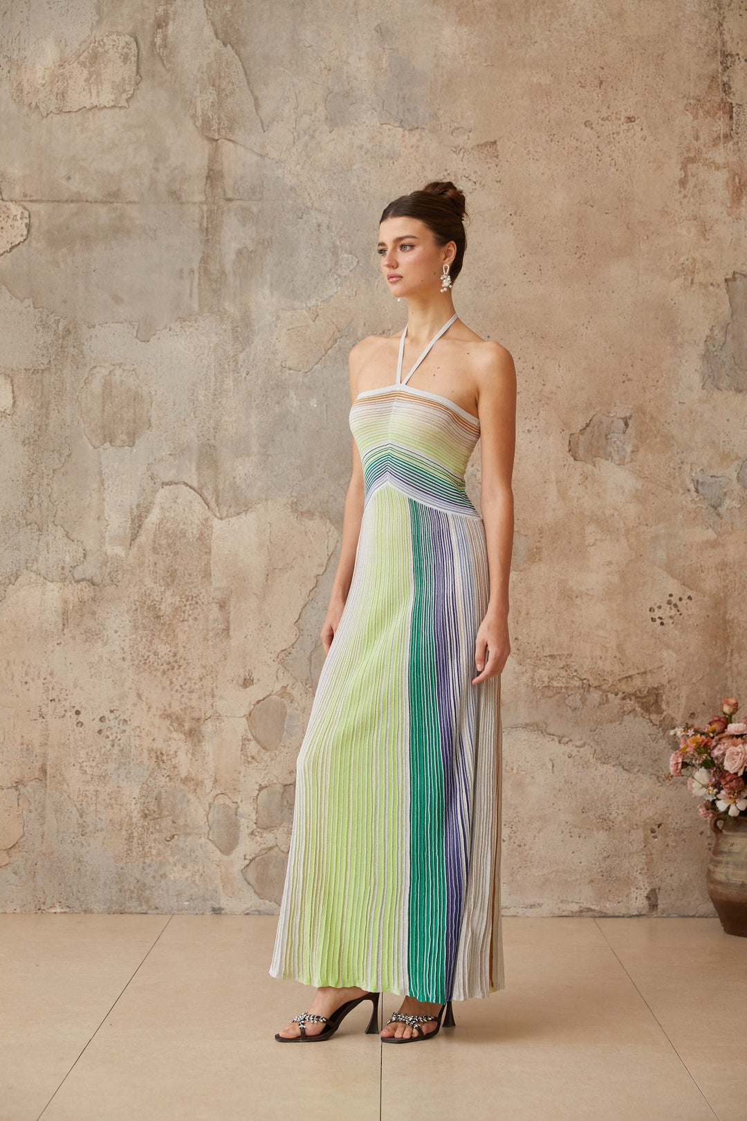 Ulysse Green Metallic Knit Halterneck Maxi Dress
