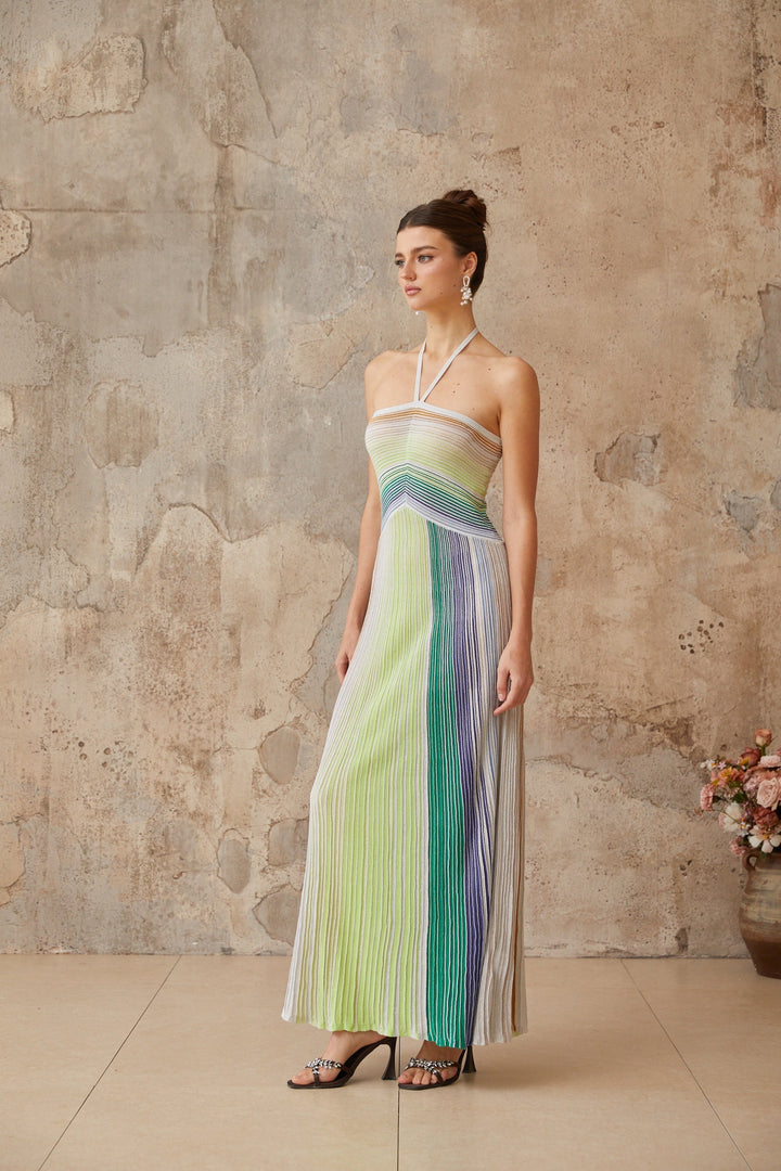 Ulysse Green Metallic Knit Halterneck Maxi Dress