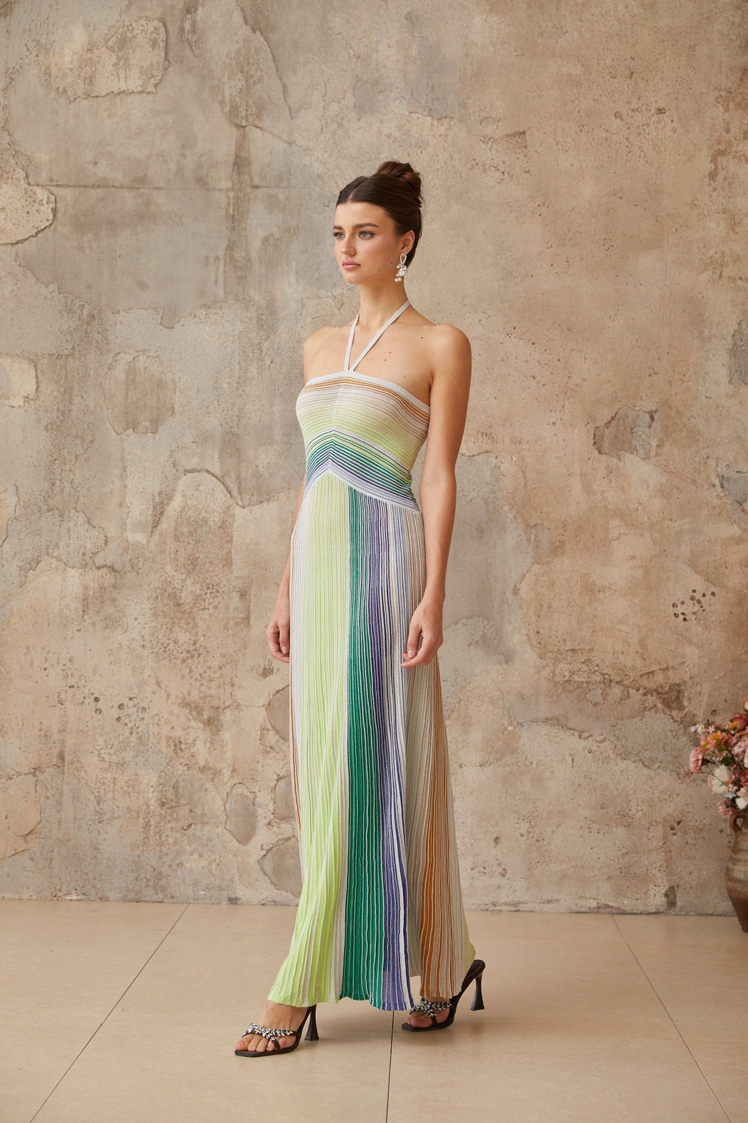 Ulysse Green Metallic Knit Halterneck Maxi Dress
