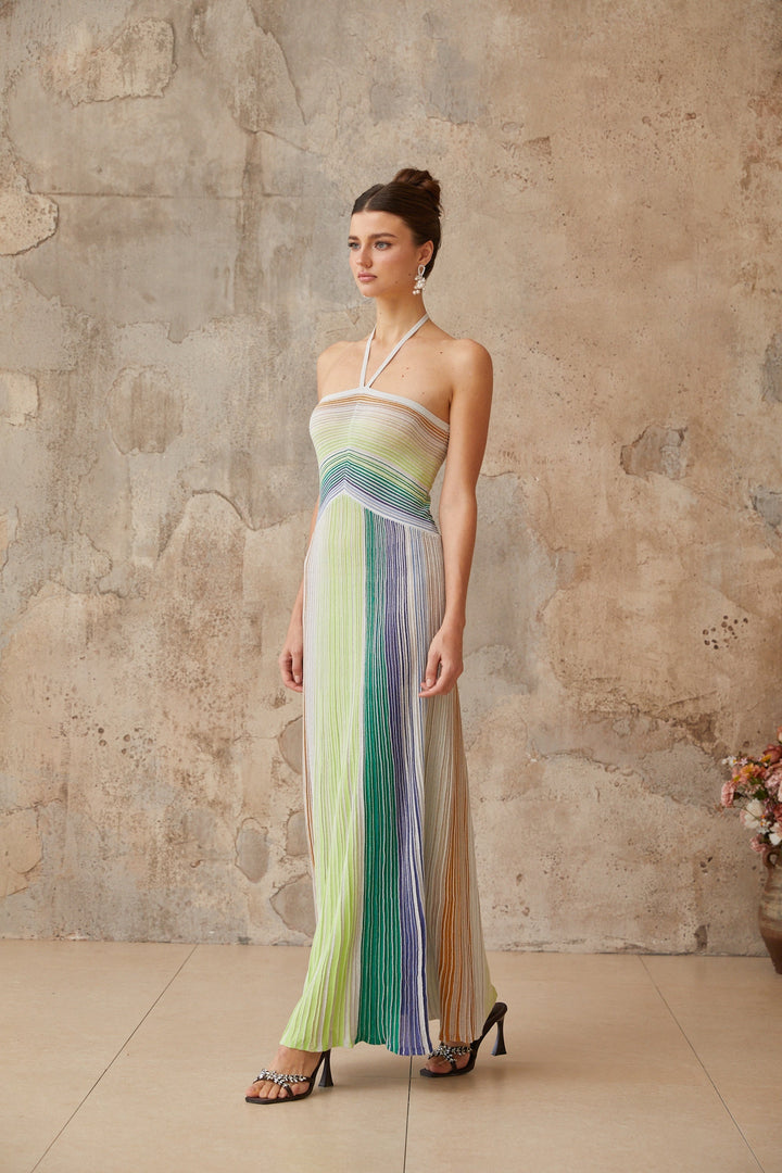 Ulysse Green Metallic Knit Halterneck Maxi Dress