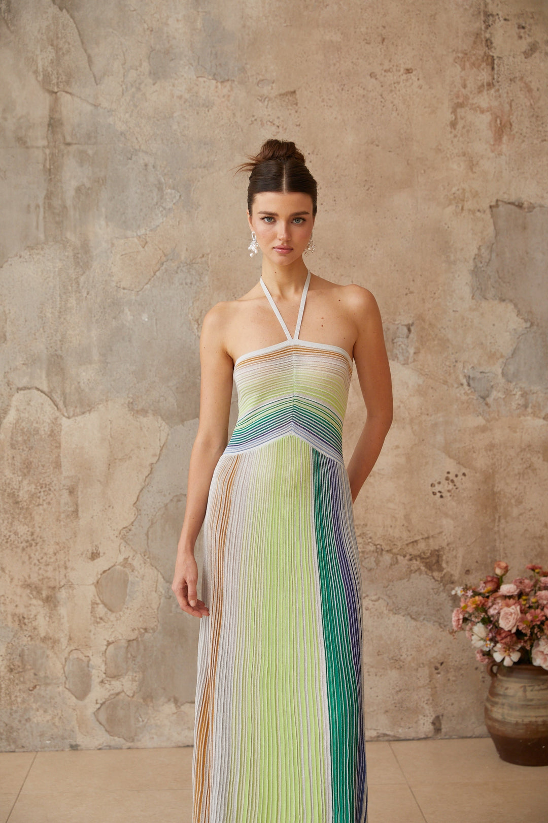 Ulysse Green Metallic Knit Halterneck Maxi Dress