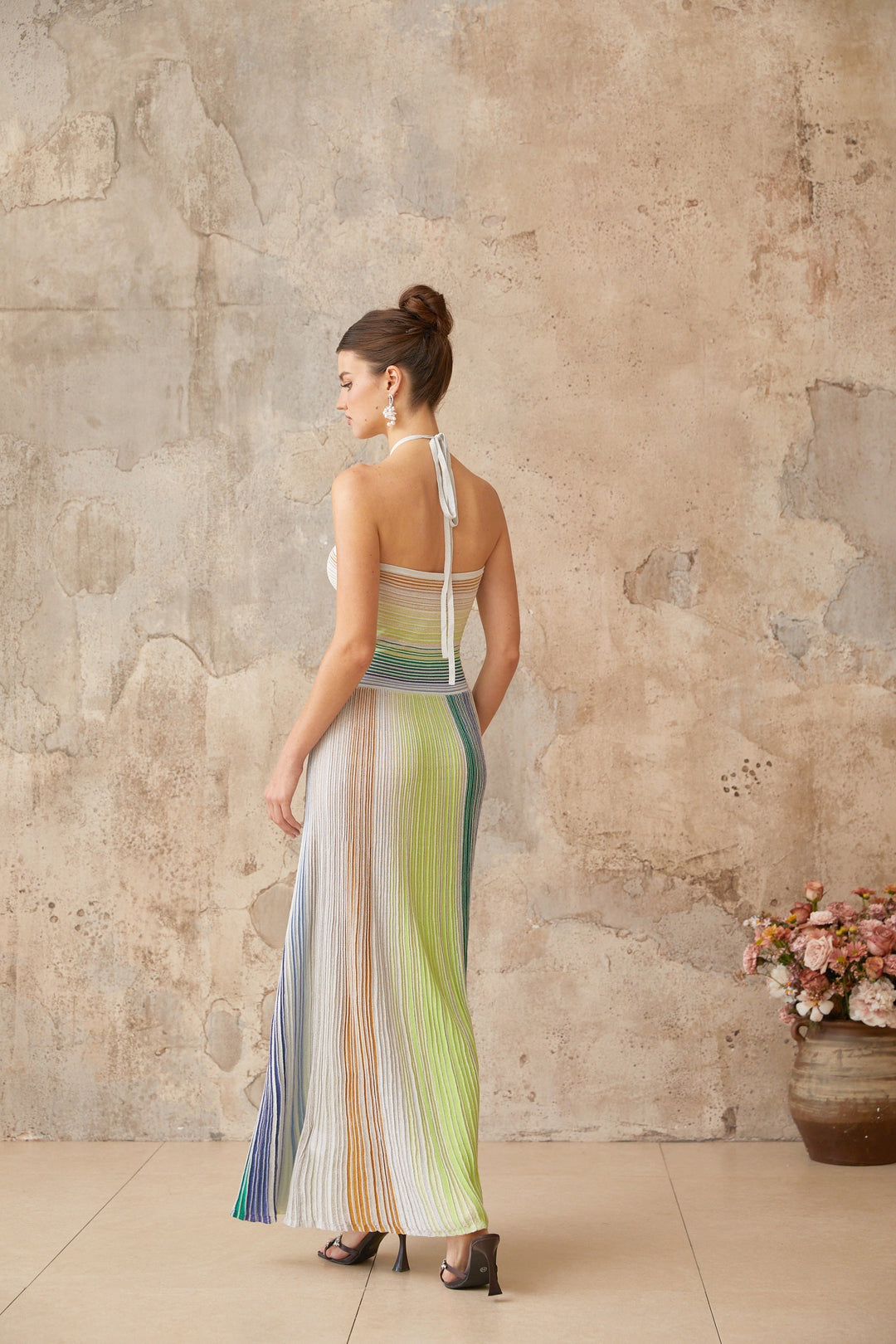 Ulysse Green Metallic Knit Halterneck Maxi Dress