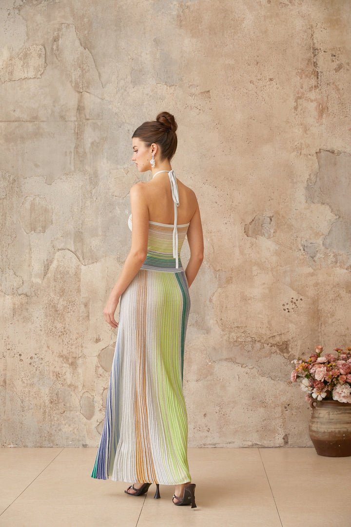 Ulysse Green Metallic Knit Halterneck Maxi Dress