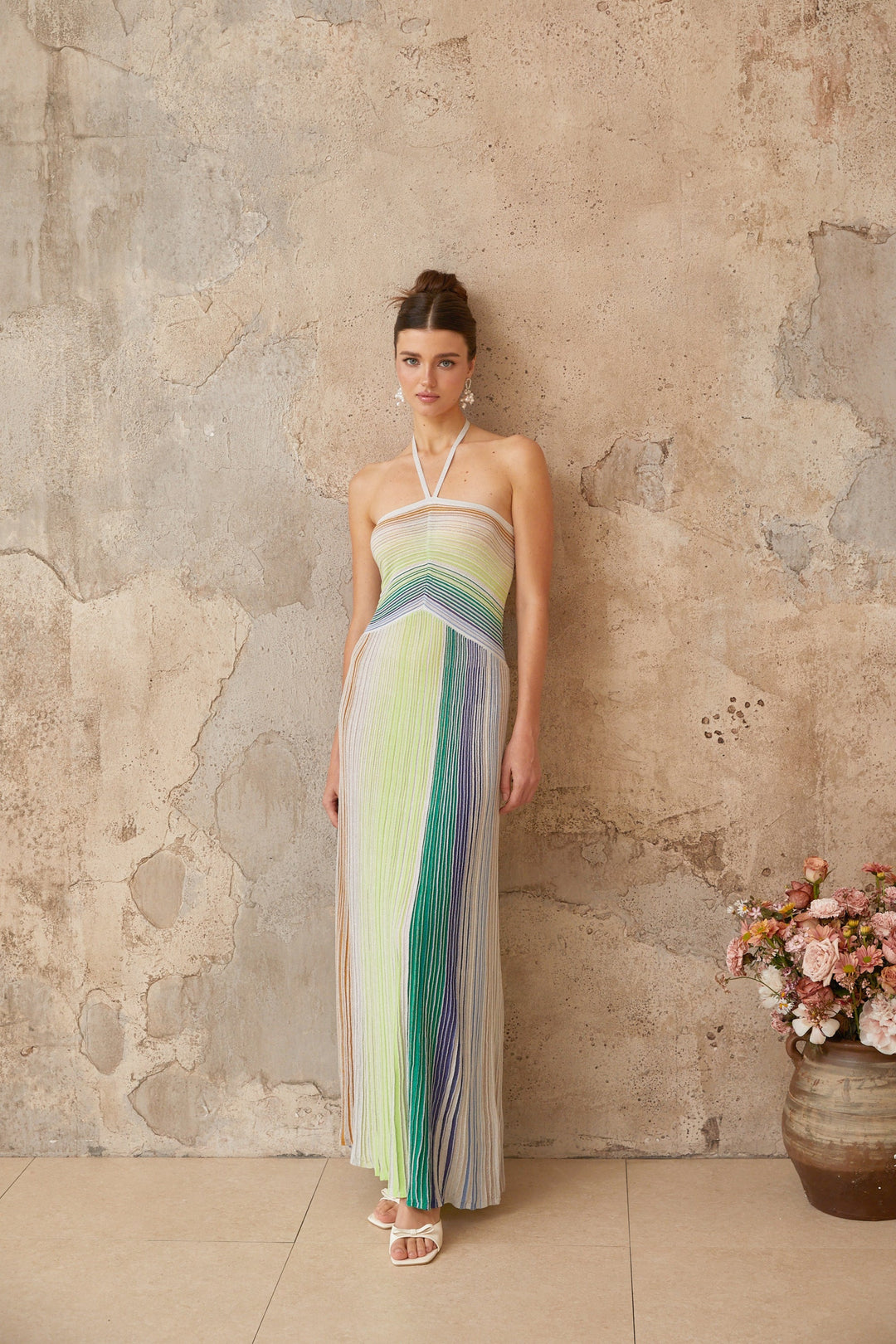 Ulysse Green Metallic Knit Halterneck Maxi Dress