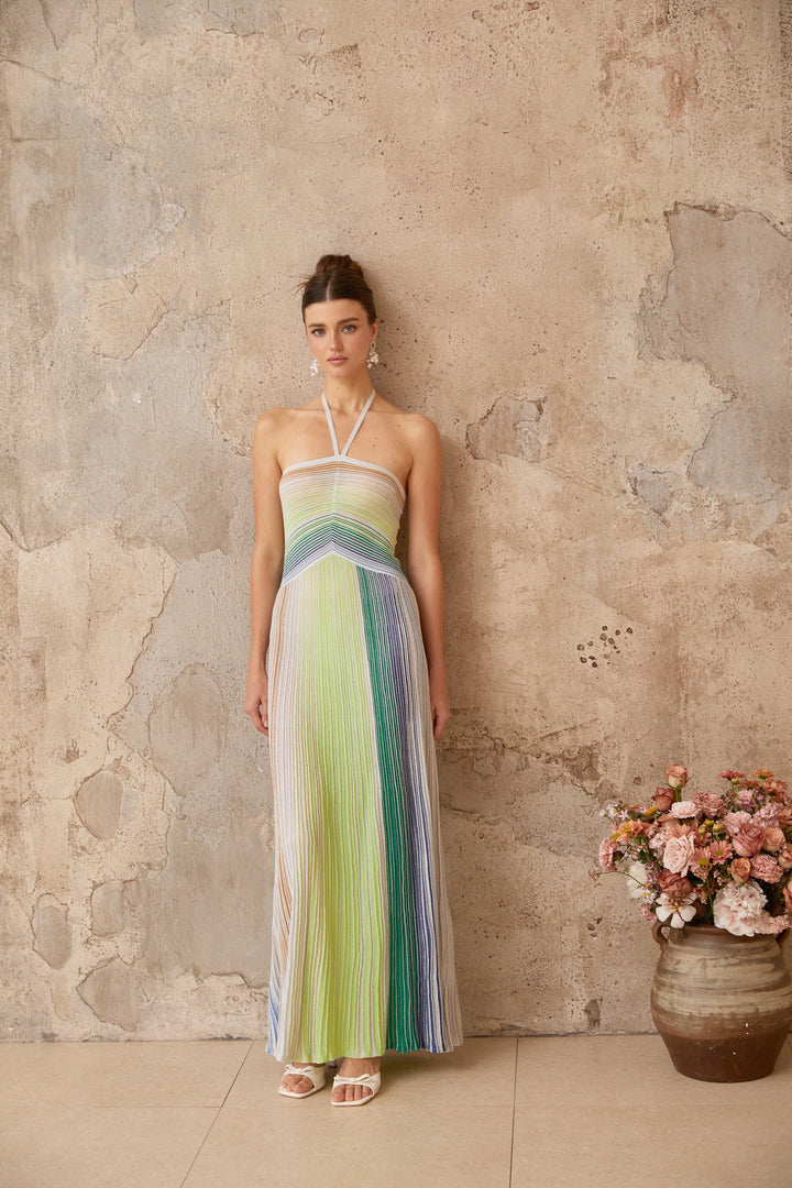 Ulysse Green Metallic Knit Halterneck Maxi Dress