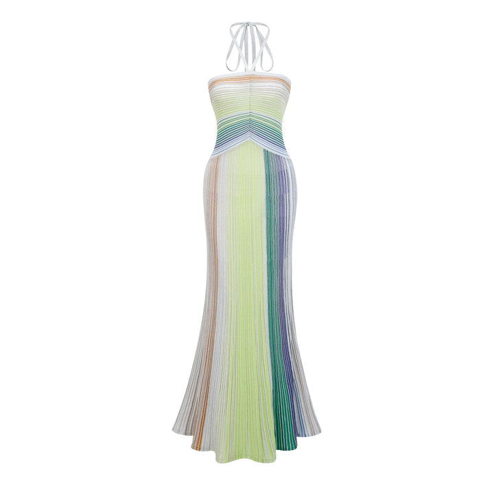 Ulysse Green Metallic Knit Halterneck Maxi Dress