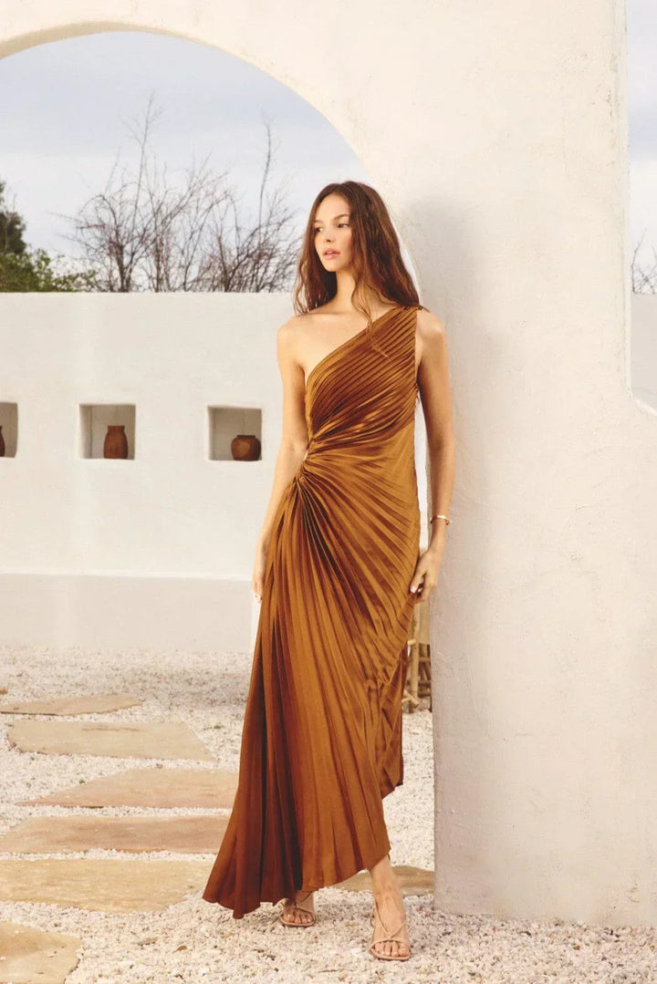 SYLVIANA® ONE-SHOULDER PLEATED MIDI DRESS